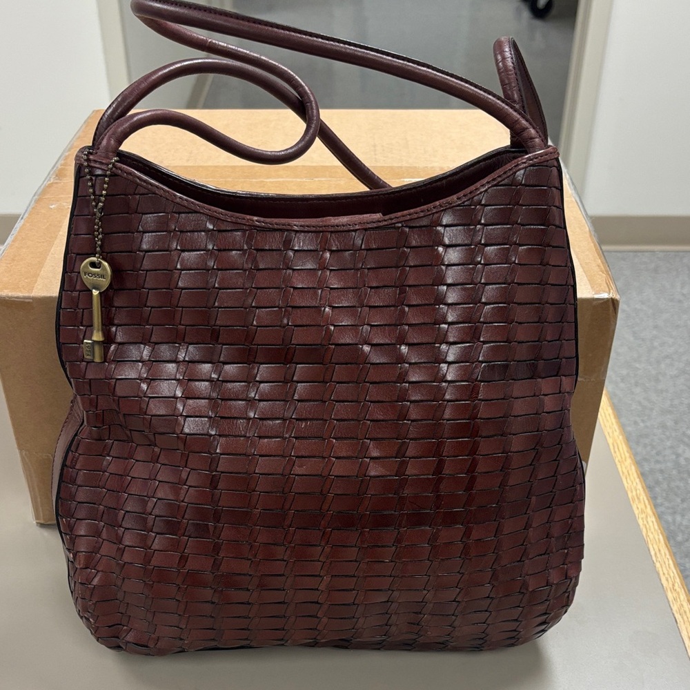 Fossil Dark Brown Woven Leather Shoulder Bag